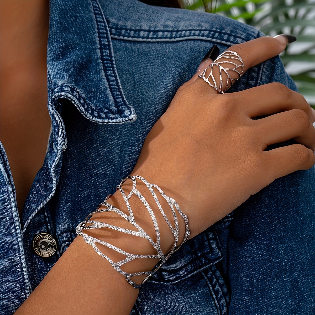 Vintage Leaf Jewelry Set: Cuff Bracelet & Ring Combo